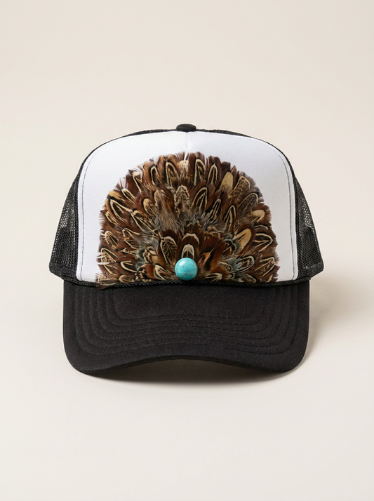 High Ho Trucker Hat Handmade Feather Patch Mesh