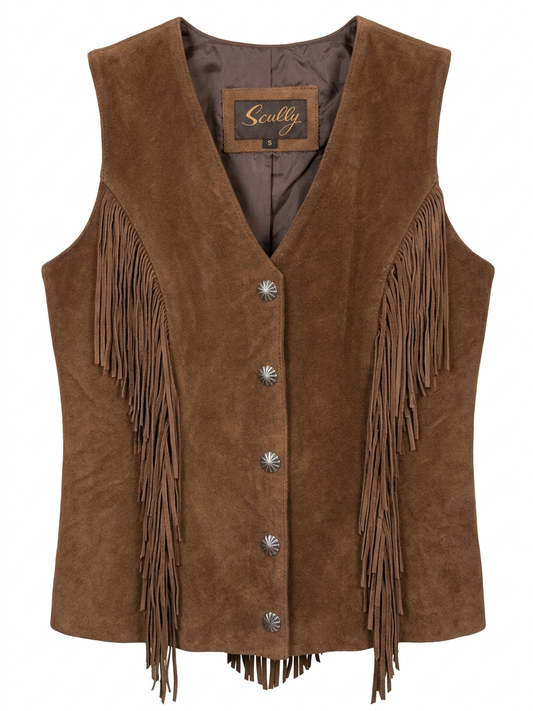 Brown Leather Fringe Button-Up Scully Vest