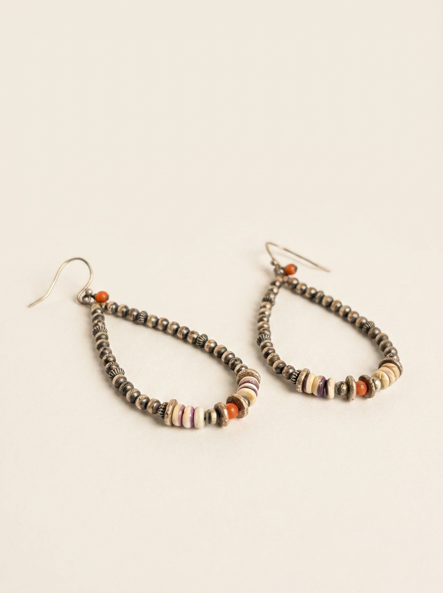 navajo Handmade Spiny Oyster & Sterling Pearl Drop Earrings