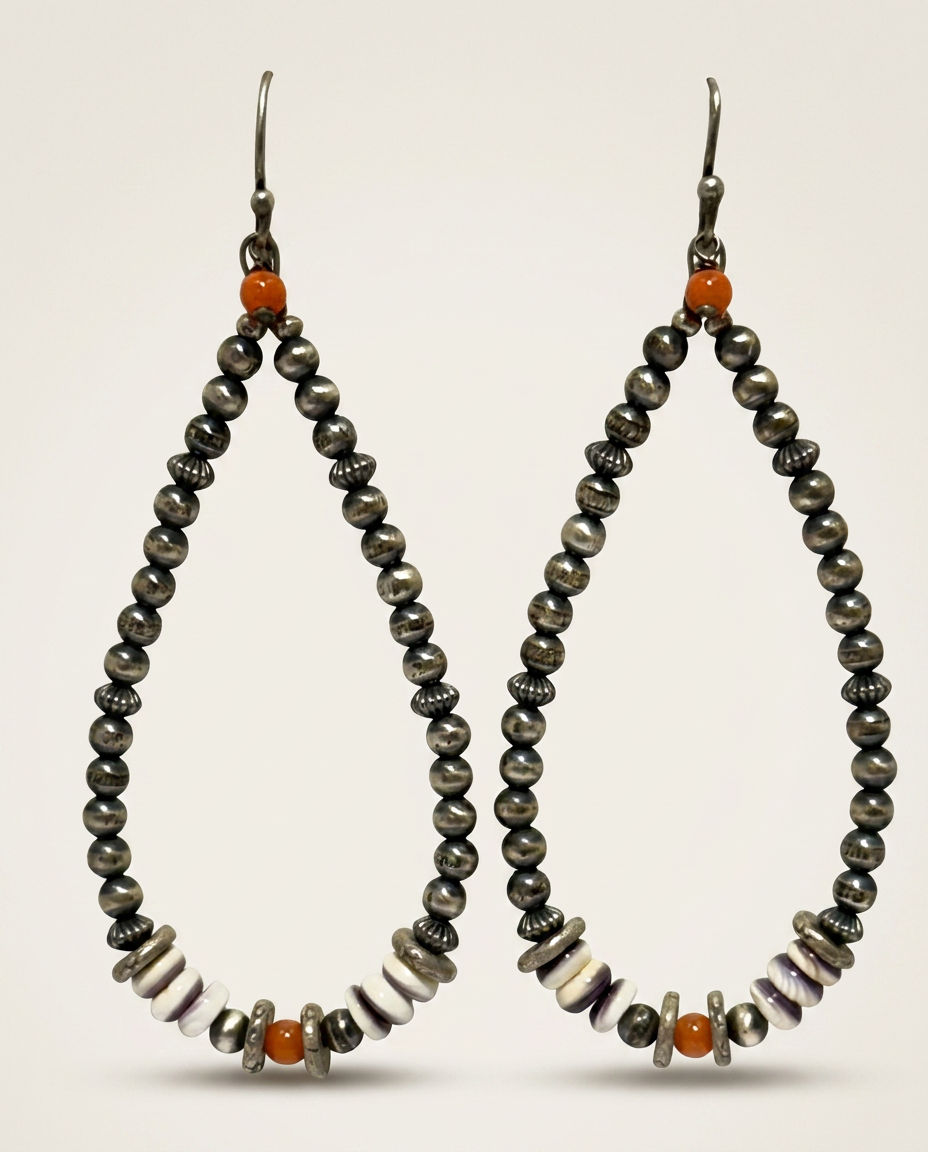navajo Handmade Spiny Oyster & Sterling Pearl Drop Earrings